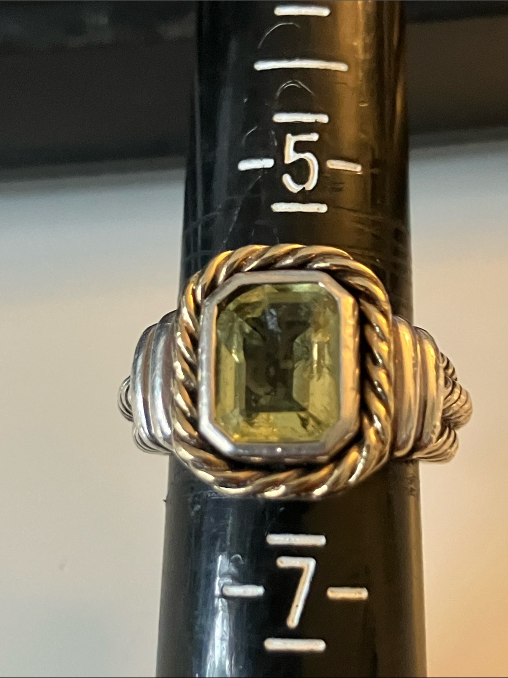 Sterling Silver CNA Ring with Green Citrine Rectangular Gemstone and 14k accent